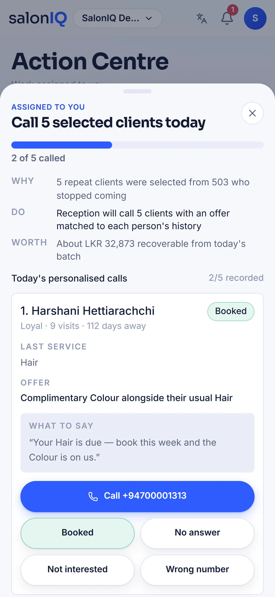 Today's client call list