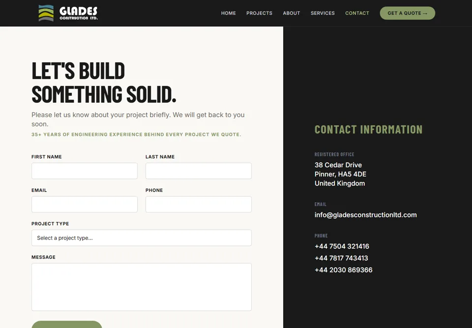 Glades Construction contact page